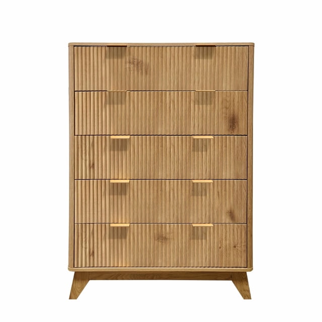 GloryStar Fluted 5 Drawers Dresser, 48-Inch Tall Modern Chest of Drawers with Anti-Tipping Device, Wood Storage Organizer Dresser for Bedroom, Living Room, Hallway and Closet