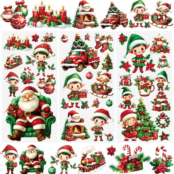 3 Sheets Red Cartoon Christmas Rub on Transfers for Crafts,UV DTF Wraps Stickers Furniture Transfers Window Decals DIY Stickers for Handiwork Decoration