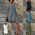thumbnail image 4 of Womens Stylish V-Neck Vintage Solid Color Loose Casual Dress with Short Sleeves, 4 of 10