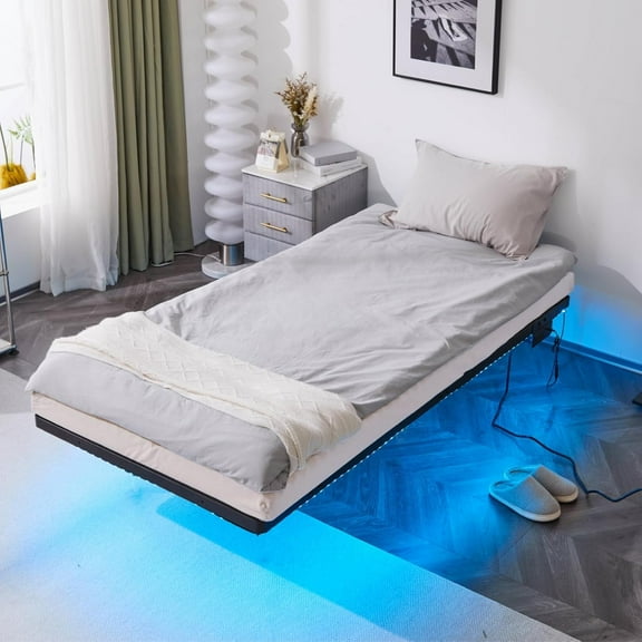 VINGLI Floating Bed Frame Twin with USB Charging Station/LED Lights, 14'' Platform Bed Frame Twin Size Heavy Duty Metal Bed, No Box Spring Needed,Black