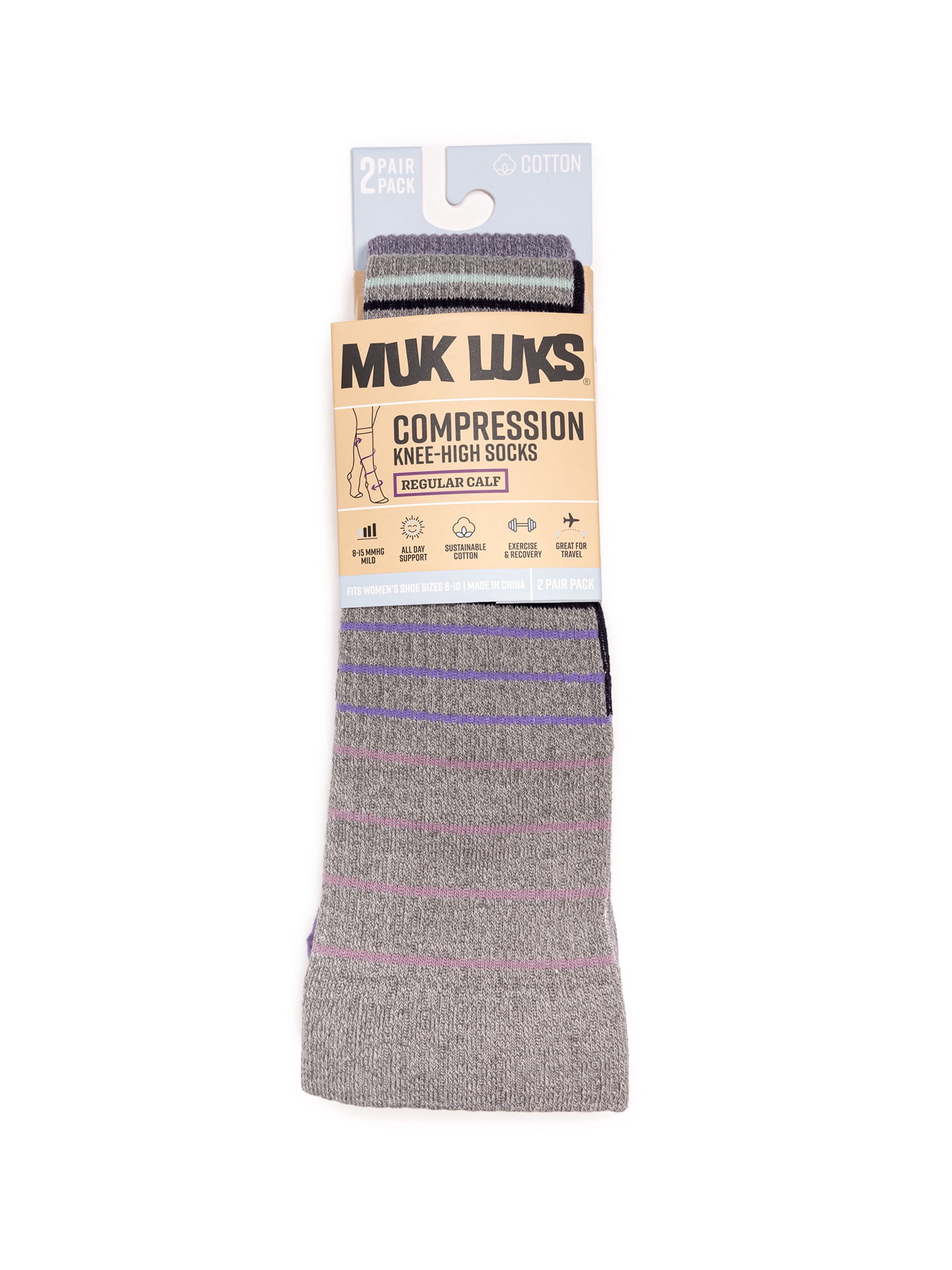 MUK LUKS Women's Regular Width Compression Cotton Knee-High Socks, 2-Pack, Shoe Size 6-10