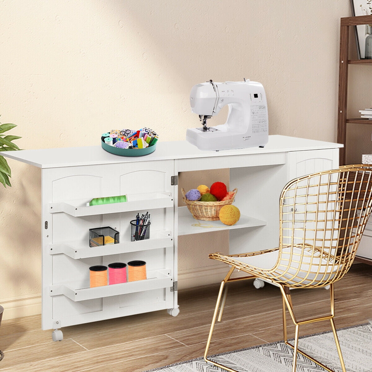 FRESCOLY Folding Sewing Table Shelves Storage Cabinet Craft Cart With Wheels-White, Wayfair