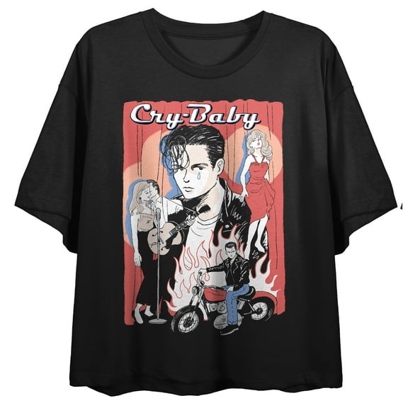 Cry-Baby (1990) Sketched Collage Art Women's Black Crop Tee-Medium