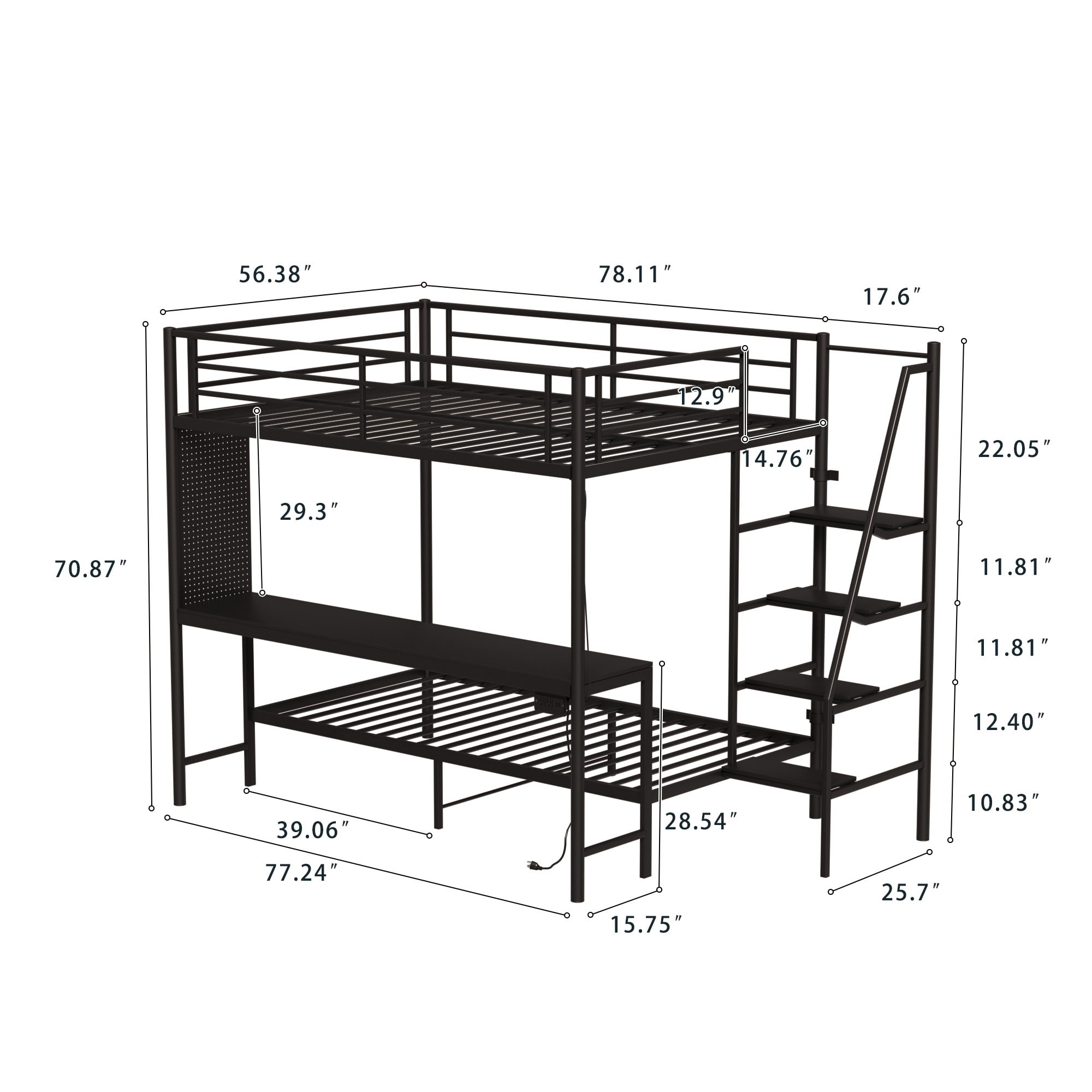 Leumius Full over Full Bunk Bed with Desk and Storage Stairs,Metal Bed Frame with Full Length Guardrails and Ladders, Black