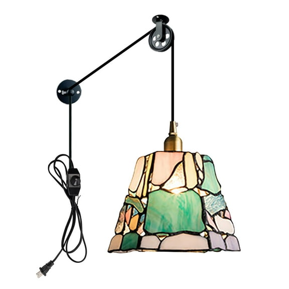 Kiven Plug in Pendant Light, Antiqued Stained Glass Hanging Light Fixture with Brass Lamp Holder and Pulley, Dimmable Pendant Light for Bedroom Hallway Kitchen,Adjustable Height