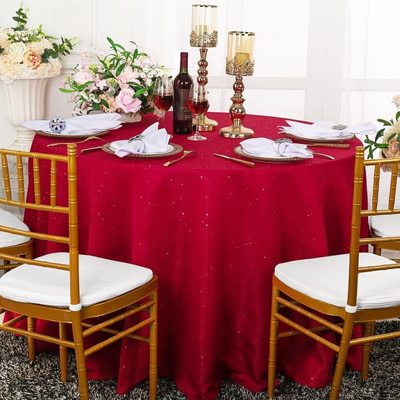 Wedding Linens Inc. 132" Round Paillette Poly Flax / Burlap Sequins Hessian Tablecloths Table Covers for Wedding Party Events Luxury Décor use - Apple Red