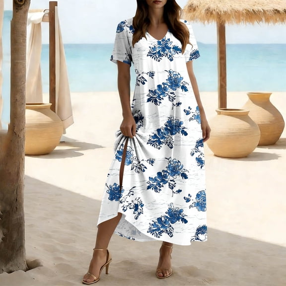 Gamivast Plus Size Dresses for Women V-Neck Short Sleeve Maxi Dress Floral Dress Loose Fit Long Dress Boho Beach Dress Vacation Sundress Resort Wear for Cruise Light Blue XL