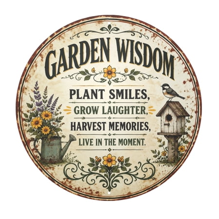 Garden Wisdom Metal Wall Decor Sign - 8X8 Inch Rustic Vintage Style with Birdhouse and Flowers Design Easy Hanging Home Decor for Indoor/Outdoor Use Inspirational Quote Plaque