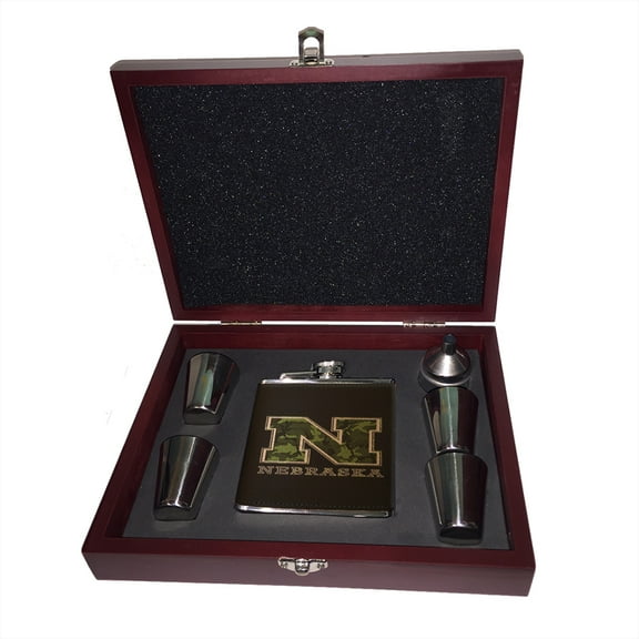 KuzmarK 6 oz. Leather Flask Set in Rose Wood Presentation Box -  Nebraska Camouflage