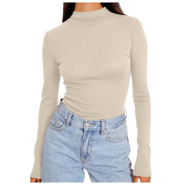 SNKSDGM T-Shirts à Manches Longues pour Femmes Coupe Ample Coton Chandails d'Automne pour Femmes Grande Taille Col Roulé pour Femmes Chandails à Manches Longues Mode d'Automne Basique Superposition Coupe Ajustée Doux sous-Vêtements Thermiques Hauts m