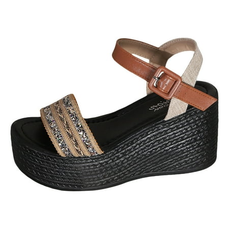 

Womens Sandals Ladies Bohemian Weave Open Toe Buckle Strap Slope Heel Thick Soled Roman Sandals Orthopedic Sandals for Women Summer Sandals for Women 2024(Color:Khaki Size:US 7)