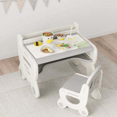 Arlopu Kids Table and Chair Set, Children Plastic Play Activity Table with Erasable Tabletop, Watercolor Pens, Blackboard Eraser, Storage Shelf, Toddler Drawing Table Set for Aged 2-8