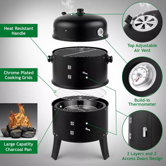 Charcoal Smoker BBQ Grill 3in1 Outdoor Vertical Smokers Portable Meat Cooker