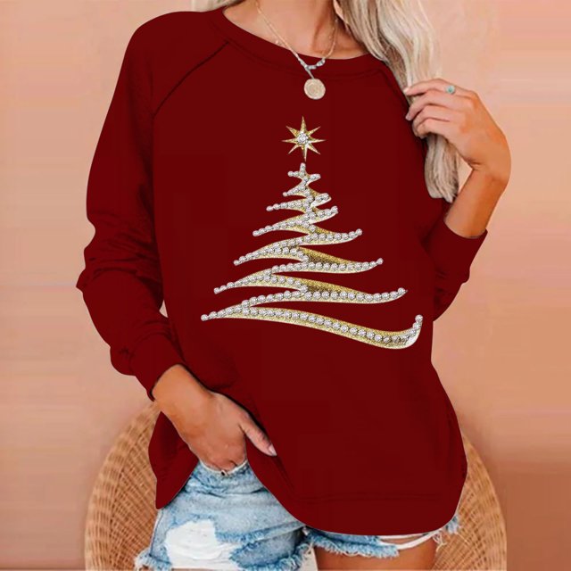 Meichang Chandails de Noël pour Femmes Raglan Chemises Tendance Arbre de Noël Graphique Chandails Automne Hiver Col Rond Chandail Tops