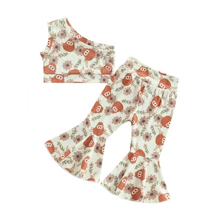 

Kids Girls Western Summer Outfits Bull Head Floral Print One Shoulder Tank Tops and Flared Pants
