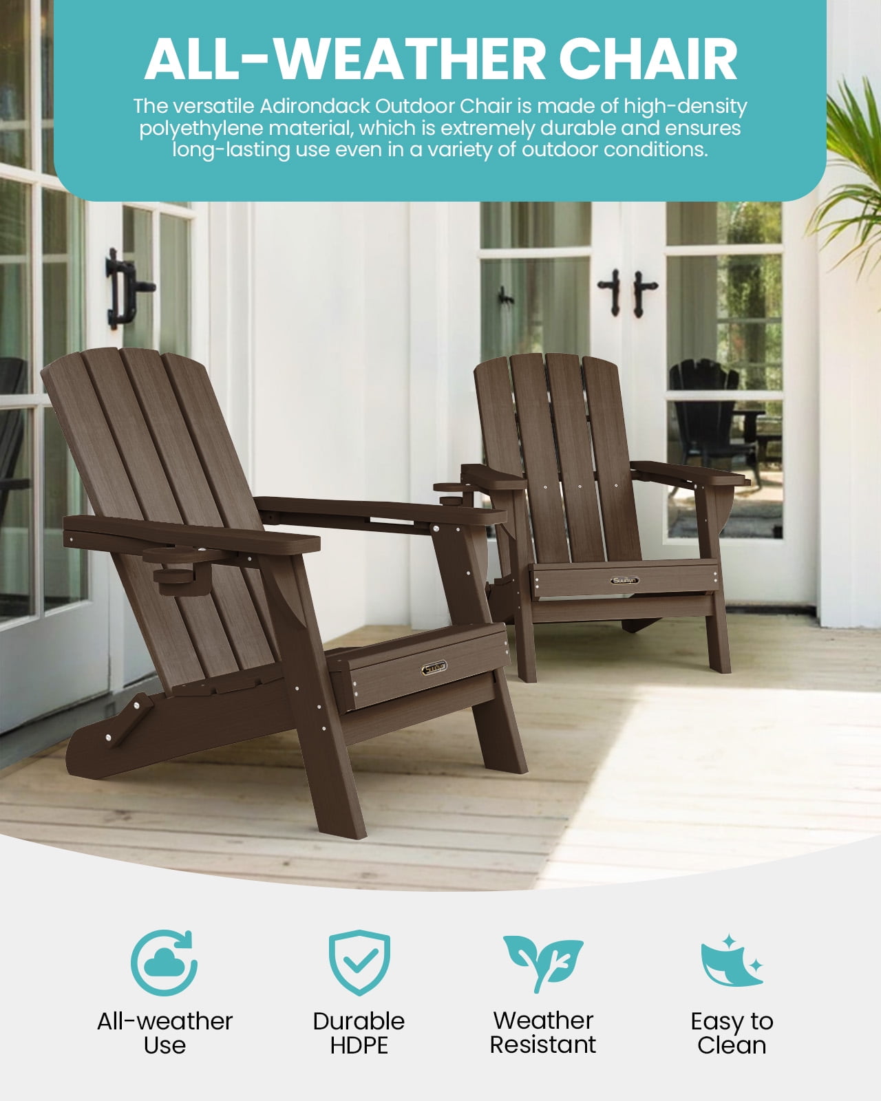 Folding Adirondack Chair, HDPE All-Weather Lawn Chair with 2 Cup Holder, Patio Garden Outdoors Fire Pit, Brown