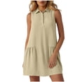 thumbnail image 2 of ClodeEU Women's Sleeveless Collared Shirt Dress, Casual Solid Color Ruffled Hem Tunic Mini Dress Khaki,Women's Plus XL, 2 of 6