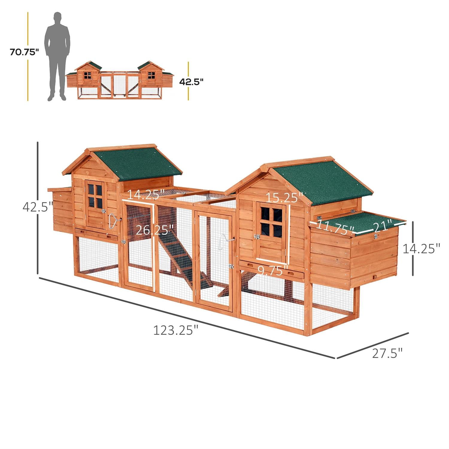Pefilos 124" Outdoor Wooden Dual Chicken Coop with Nesting Box, Runs, Farm Hen House 3-6 Hens, Weatherproof Pet House for Rabbits, Poultry, Orange