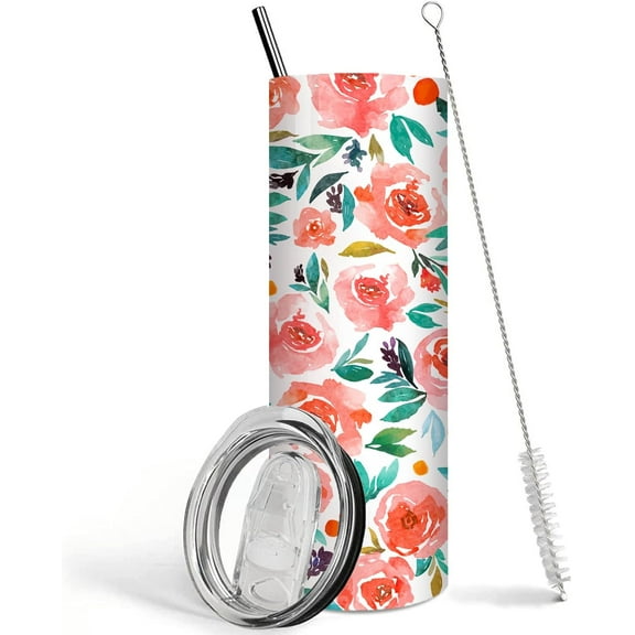 Floral Tumbler with Lid and Straw Double Wall Vacuum Stainless Steel 20 Oz Watercolor Rose Bouquet Cup, Water Bottle, Travel Coffee Mug,Flowers Decor,Accessories