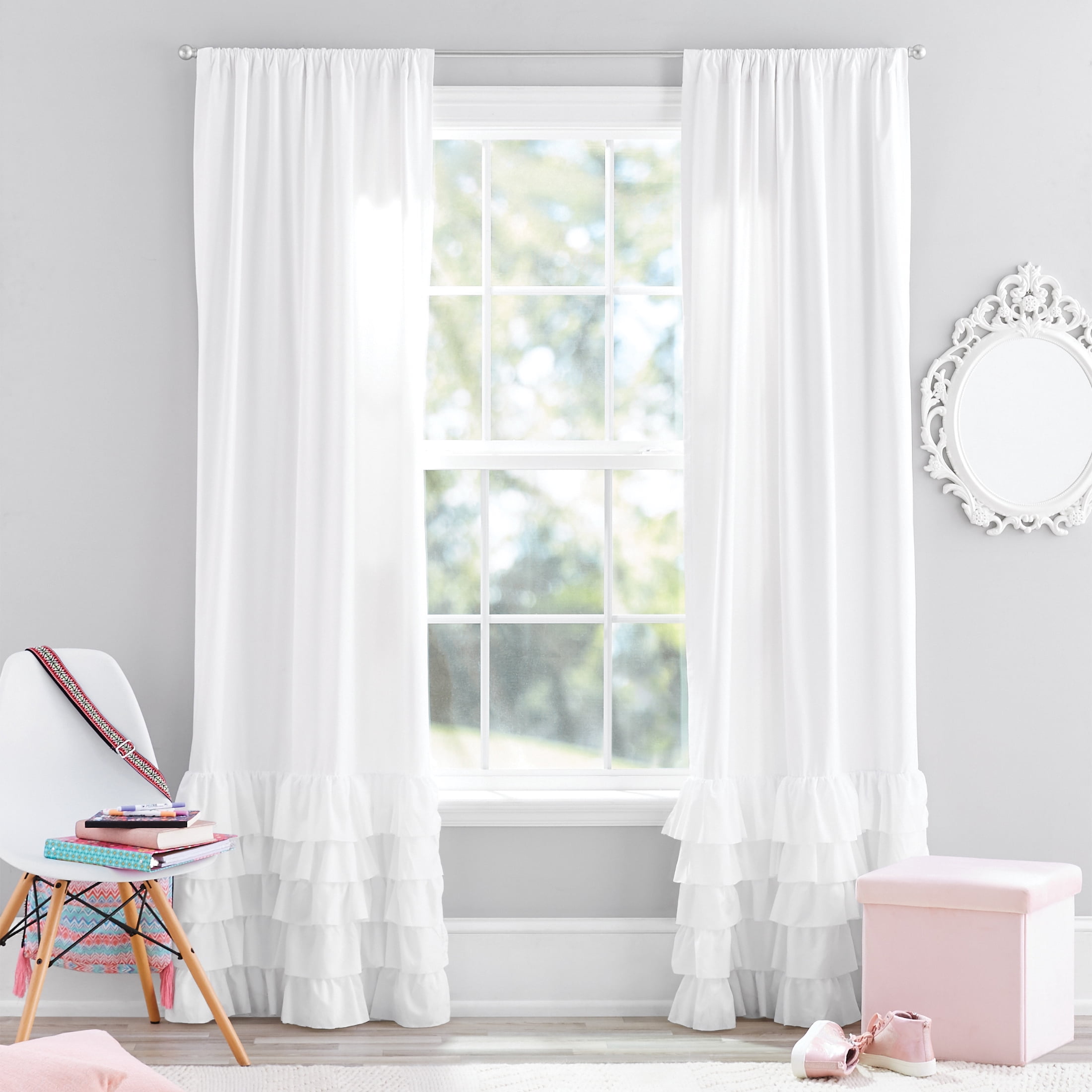 Your Zone White Ruffle Reversible Rod Pocket Blackout Curtain Panel, 37" x 84"