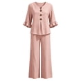 thumbnail image 4 of NMMUED Summer Beach Outfits for Women 2 Piece Cotton Linen Set V Neck Ruffle Sleeve Top Wide Leg Pants Casual Boho Lounge Matching Suit Pink XL, 4 of 5