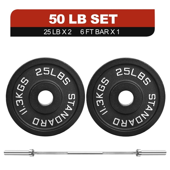 FlexWave Cast Iron Barbell Plates, 2-Inch Hole, Black with Silver Numbers, 50LB Set, for Standard Barbells, Dumbbells & Home Gym Strength Training
