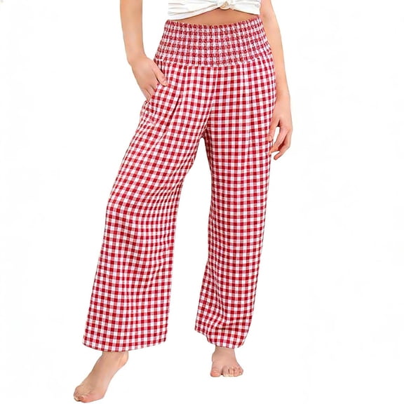 hoksml Girls Checkered Wide Leg Pants, Kids Smocked High Waist Casual Summer Beach Trousers with Pockets