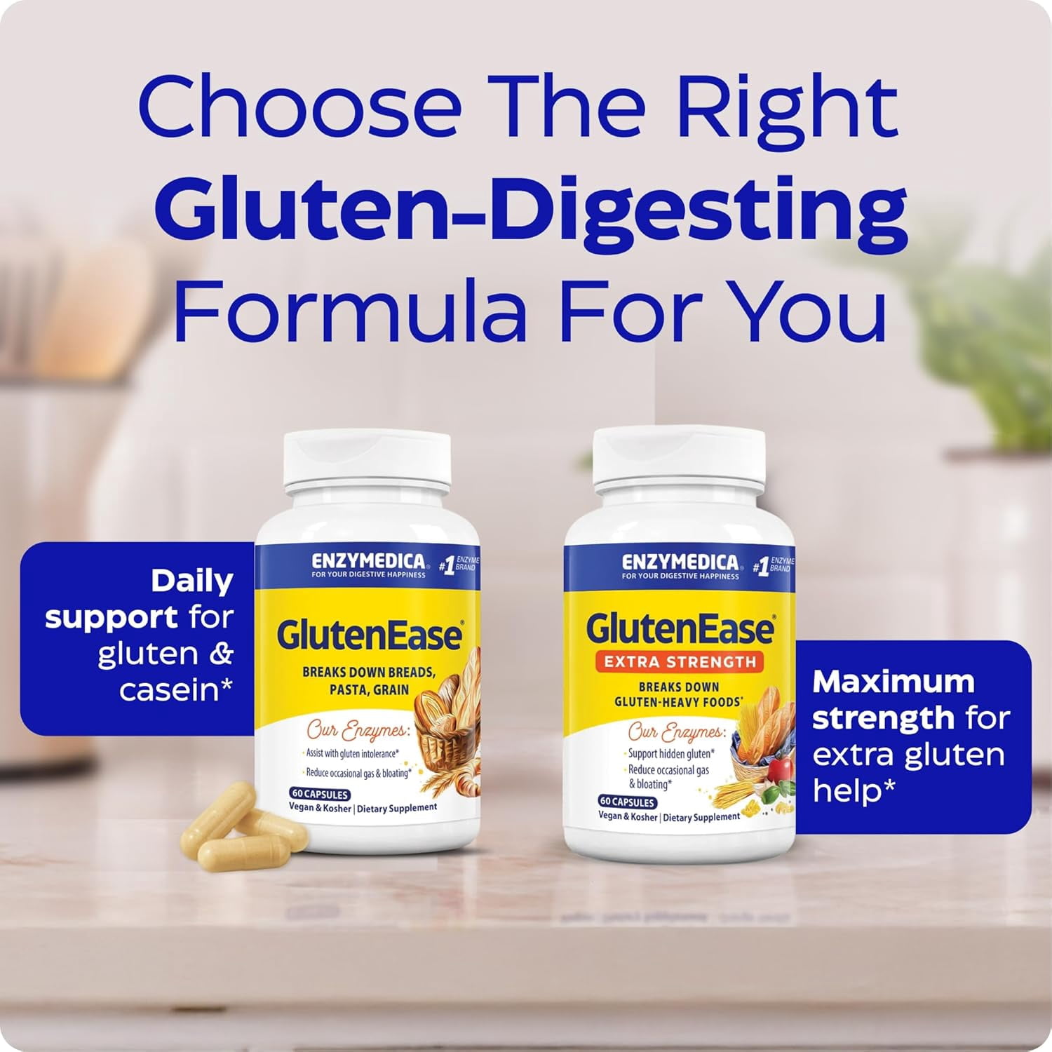 Enzymedica GlutenEase Extra Strength, Advanced Gluten Digestive Enzymes for Women and Men, Fast-Acting Formula for Bloating Relief & Digestive Health, 60 Capsules