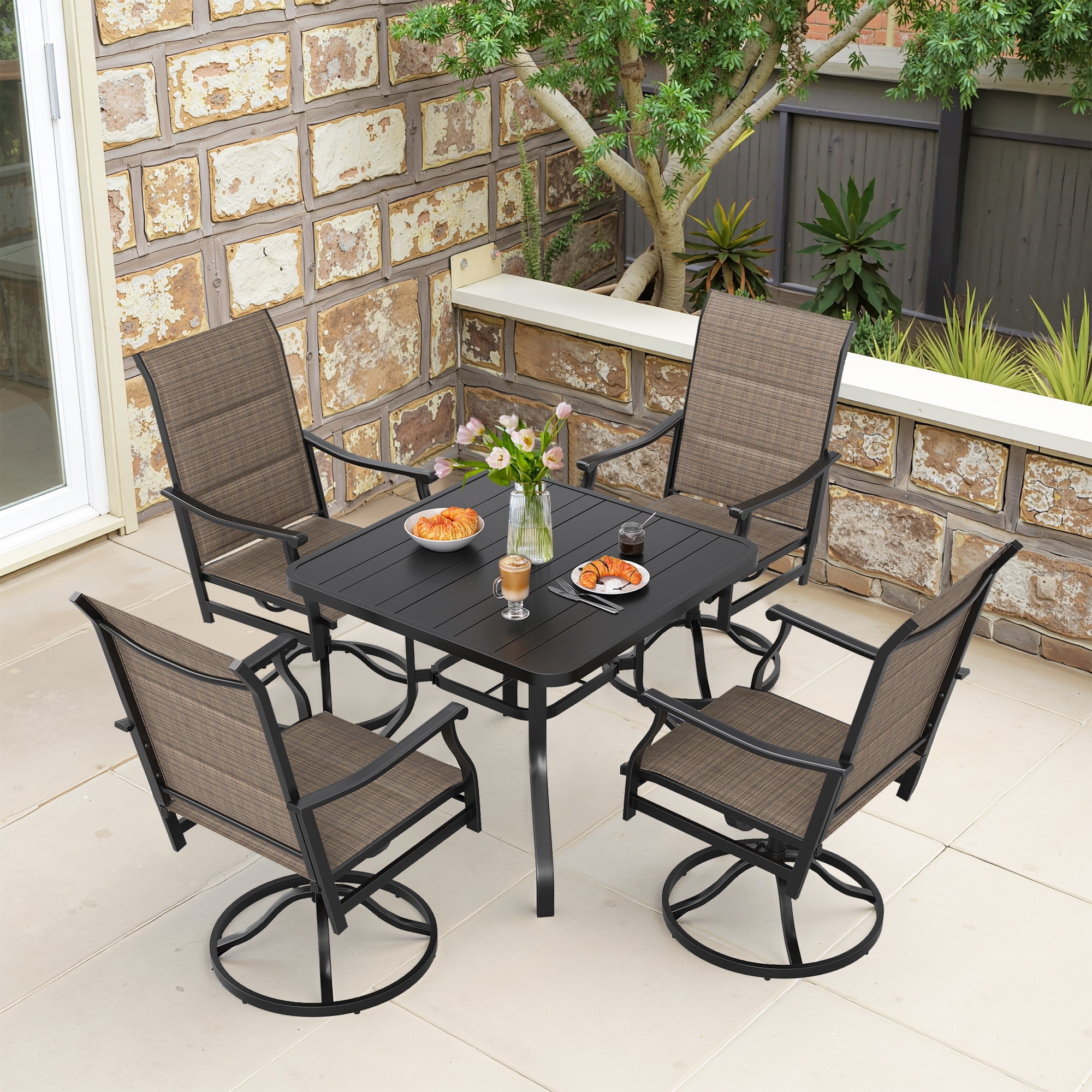 MAYEERTY 5-Piece Patio Dining Set:1 Black Square Table with 1.57" Umbrella Hole & 4 Brown Swivel Paded Textilene Chairs