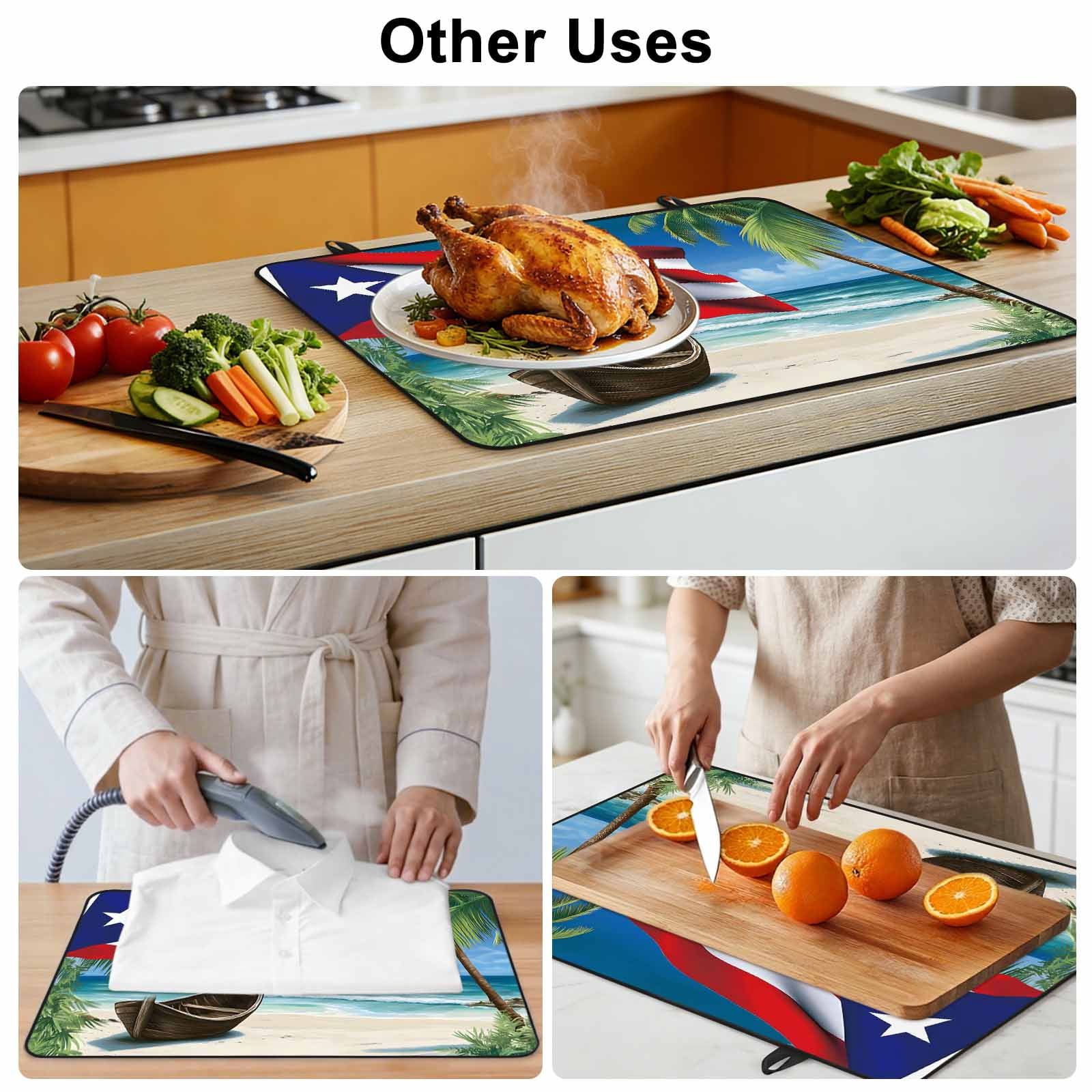 Puerto Rico Flag Sea Stove Top Cover for Electric Stove, Heat-proof & Non Slip Glass Top Stove Cover Protector, Beach Palm Trees Boat Nautical Kitchen Flat Cooktop Rubber Mat 24x21 Inches