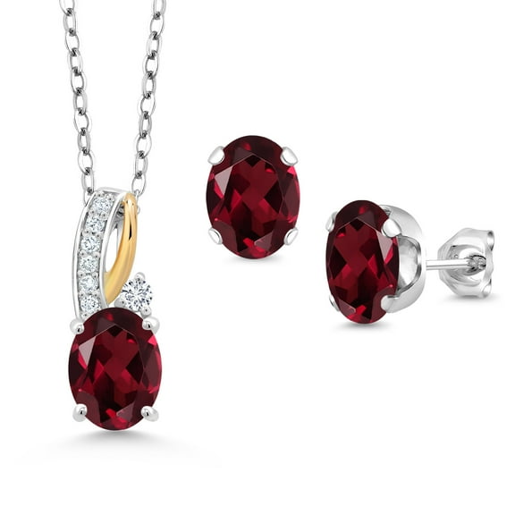 Gem Stone King 4.14 Ct Red Rhodolite Garnet E-F Lab Grown Diamond 925 Silver and 10K Yellow Gold Pendant and Earrings Jewelry Set