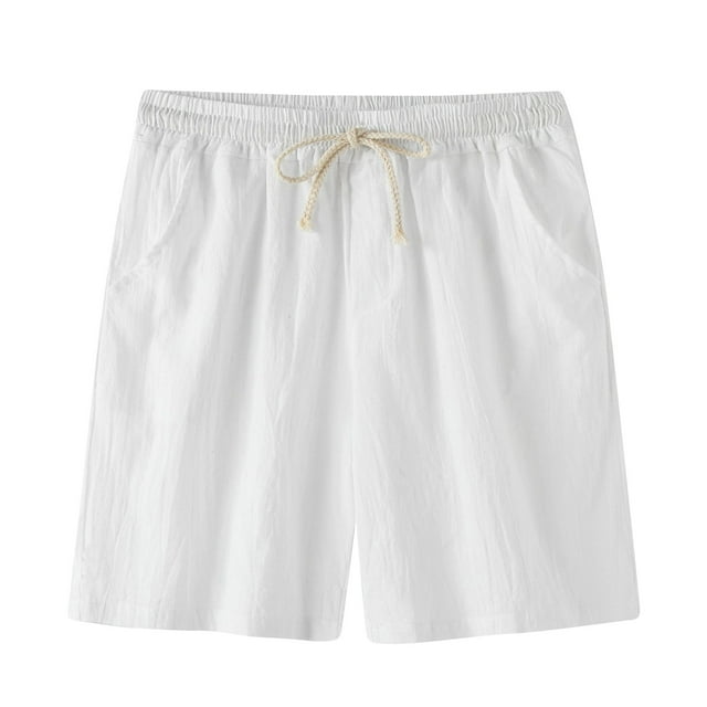 Pantalones cortos de lino elásticos para hombre, informales, con cierre de cordón, de color puro, para playa, para verano, color blanco, XL