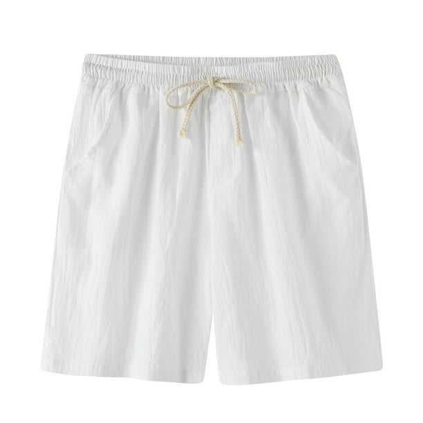 Pantalones cortos de lino elásticos para hombre, informales, con cierre de cordón, de color puro, para playa, para verano, color blanco, XL