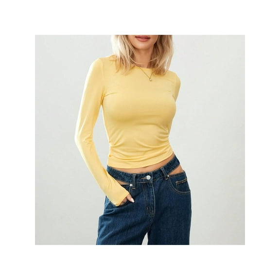 Women Round Neck Plain Yellow Long Sleeve Casual T-Shirts