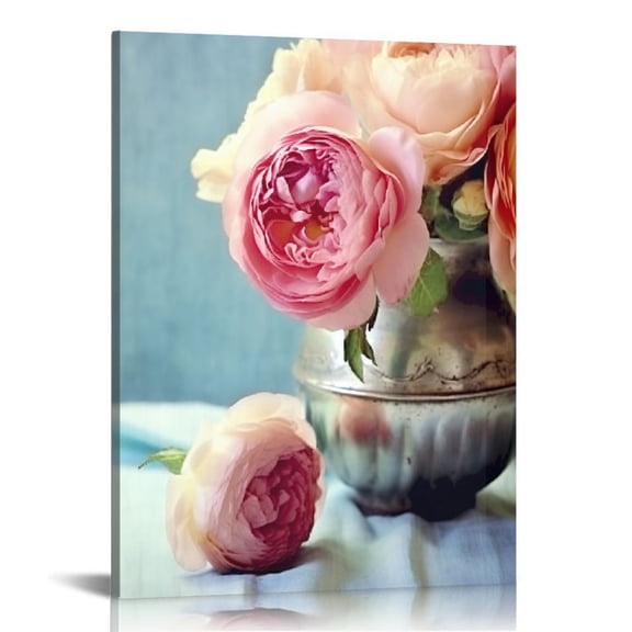JRXY Floral Pictures Canvas Artwork Prints Pink Rose Flower in Vase Pictures Wall Art on Wrapped Canvas Vintage Bathroom Bedroom Teal Decor Gallery Canvas Wrapped Ready to Hang 12x16 in