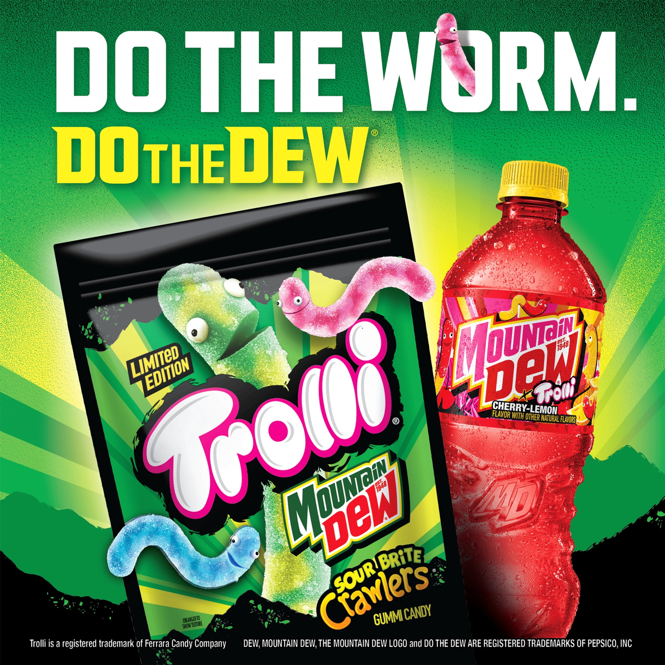 Trolli x Mountain Dew Sour Brite Crawlers Gummy Worm Candy, 12.3 oz Bag