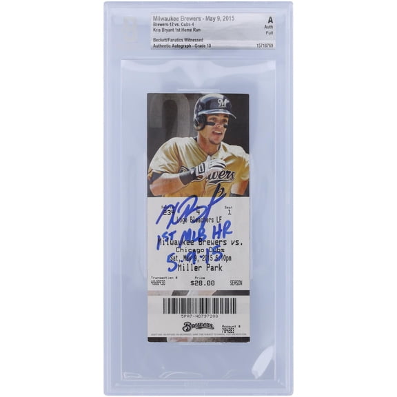 Kris Bryant Chicago Cubs Autographed Ticket with "1st MLB HR 5/9/15" Inscription - BAS Authenticated Graded 10 - Fanatics Authentic Certified