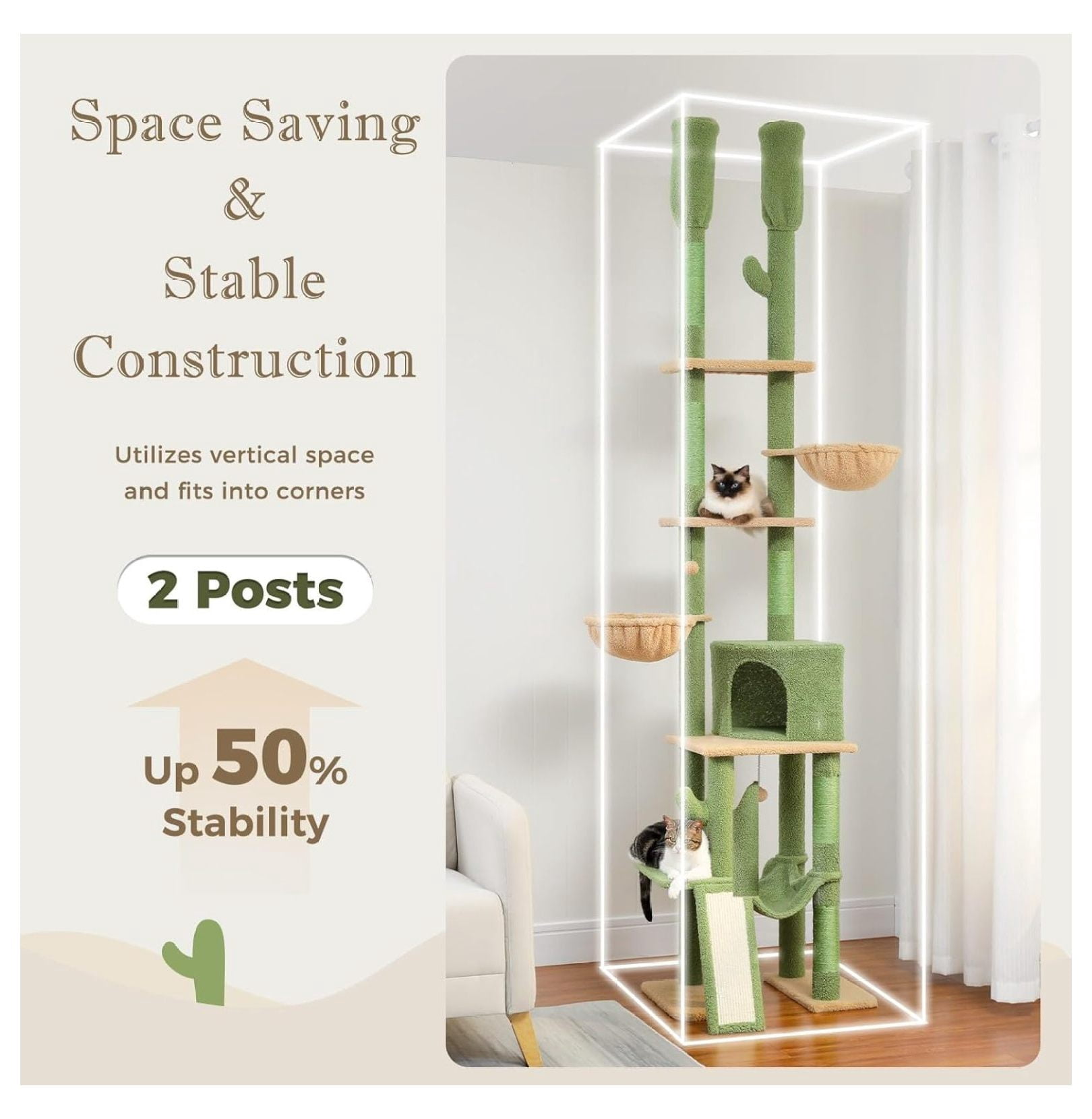 Cactus Cat Tree Floor to Ceiling, 85-112 Inch Adjustable Cat Tower - 7 Tier Climbing Center with Hammocks & Scratching Posts for Indoor Cats
