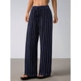thumbnail image 4 of Women's Striped High Waist Drawstring Wide Leg Loose Casual Trousers with Pockets Navy Blue L, 4 of 9