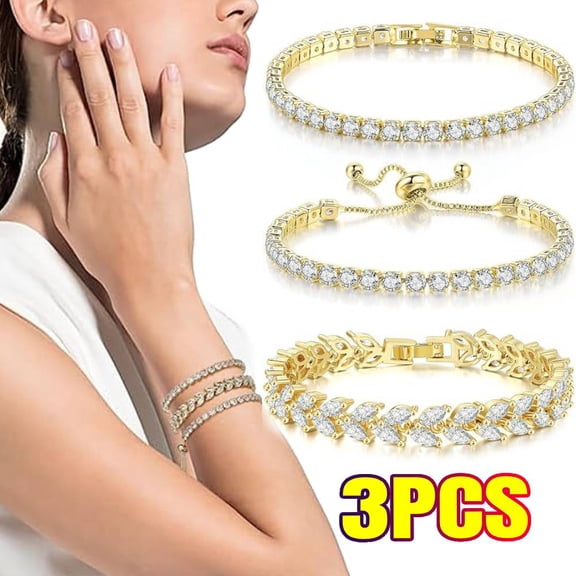 3 Pcs Tennis Bracelet Set 14K Gold Plated Marquise Cubic Zirconia CZ Diamond Dainty Adjustable Silver Bracelets for Women Brides Stackable Fashion Jewelry