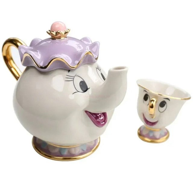 Tetera de Disney con bonitos dibujos de La Bella y La Bestia, tazas de café, taza de Sra. Potts y Chip, teteras, un juego de té, envío directo, Gif de escritorio