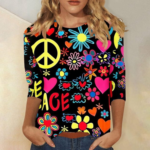 Chemises pour Femmes Habillées Décontractées, Chemises à Manches 3/4 pour Femmes, Tuniques à Manches Courtes Grande Taille pour Femmes, T-shirt de Mode Décontracté Imprimé à Manches 3/4 Col Rond Froncé Blouse