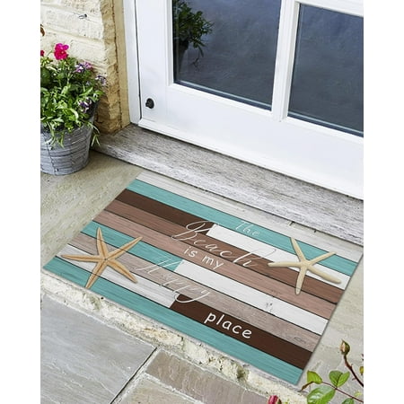 

Indoor Outdoor Mats Beach Starfish on Color Wood Grain Door Mat Non-Slip Absorbent Resist Dirt Entrance Mat Washable Welcome Mats for Entryway Low-Profile Floor Mats