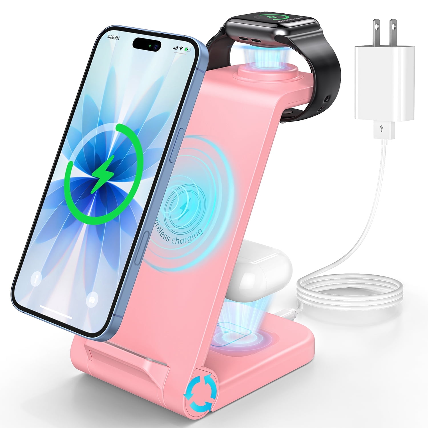 Cshidworld Wireless Charger, 3 in 1 Charging Station, 23W Fast Charging Dock for iPhone 17/16e/15/14/13/12/11 Pro Max, AirPods 4/3/2/Pro, iWatch Series 2-11, Samsung Charger Stand (Pink)