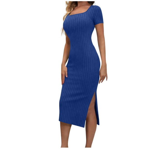 Vestido de Verano de Manga Corta de Punto de Costillas Midi Slim-Fit con Cuello Francés Clásico Y División Lateral para Mujeres en Colores Versátiles