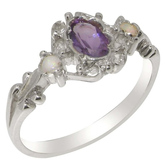 LBG British Made 10k White Gold Natural Amethyst & Opal Womens Anniversary Ring - 33 size options - Size 10