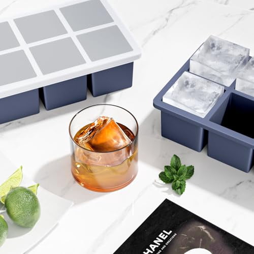 2-Pack Large Square Silicone Ice Cube Tray with Lid for Whiskey Cocktails, 2-Inch Huge Ice Cube Maker Mold for Drinks, Big Cubed Ice Trays for Old Fashioned