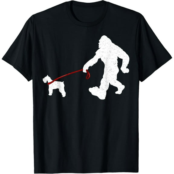 Funny Bigfoot Walking With Schnauzer Dog Gifts T-Shirt men and women can wear, black, white, gifts