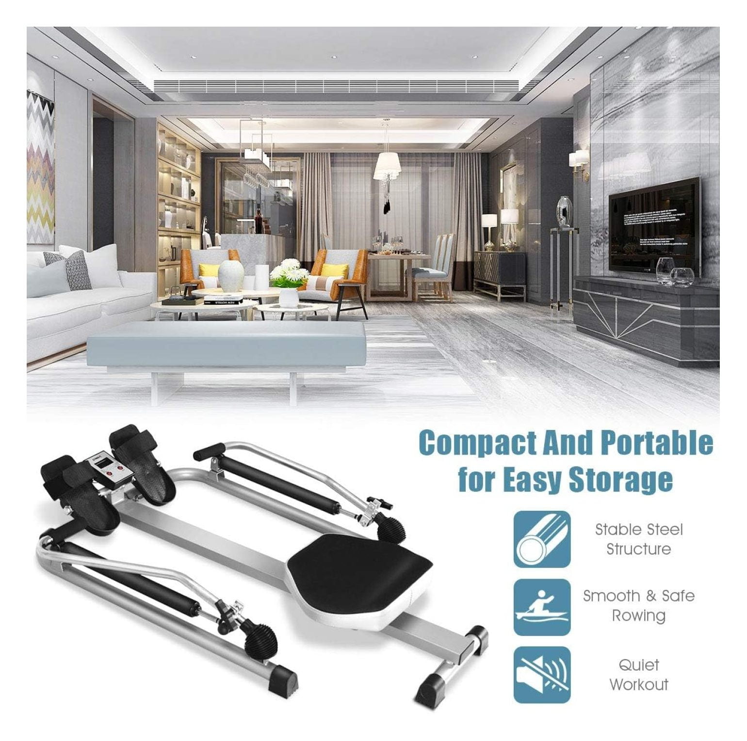 Rowing Machine for Home, 265LBS Weight Capacity Hydraulic Rowing Machine with Adjustable Cylinder Resistance up to 110lbs & LCD Monitor, Compact Full Rower for at Home Exercise Silver