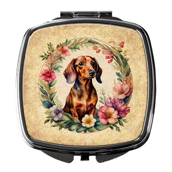 Dachshund and Flowers Compact Mirror 2.75 in x 3 in
